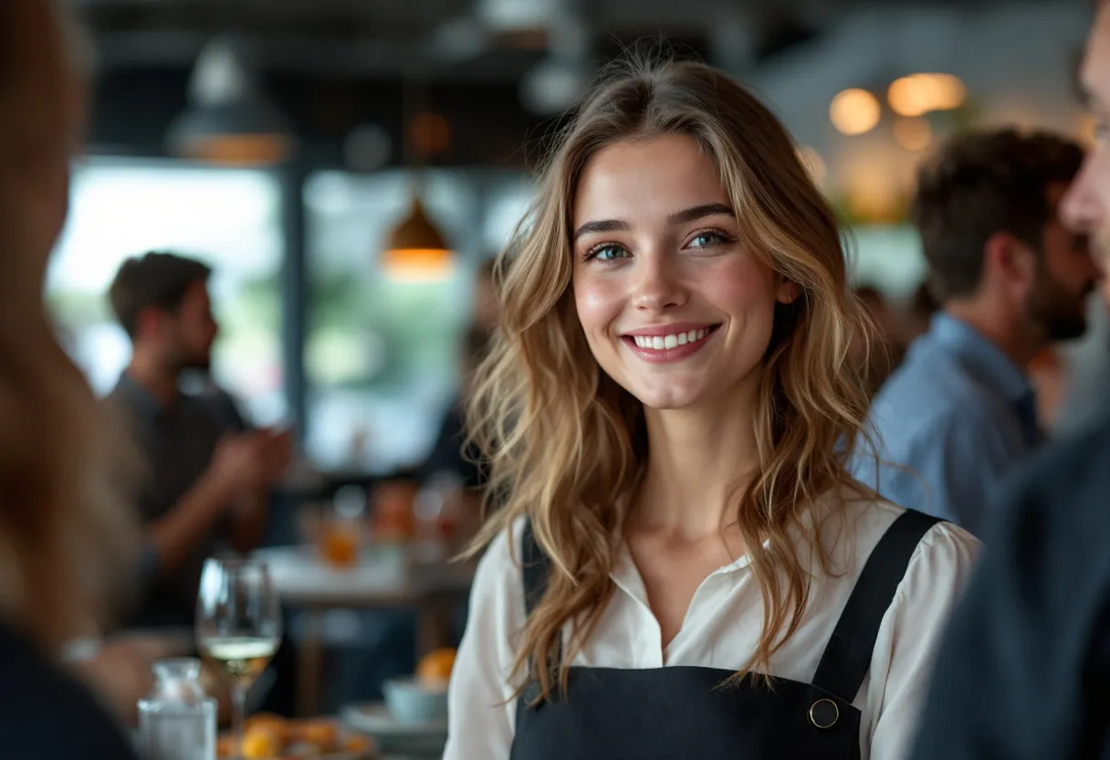 Een glimlachende jonge vrouw in een witte blouse en zwarte rok, met een dienblad met glazen, tijdens een netwerkevenement in een moderne evenementenhal in Antwerpen, Vlaanderen.