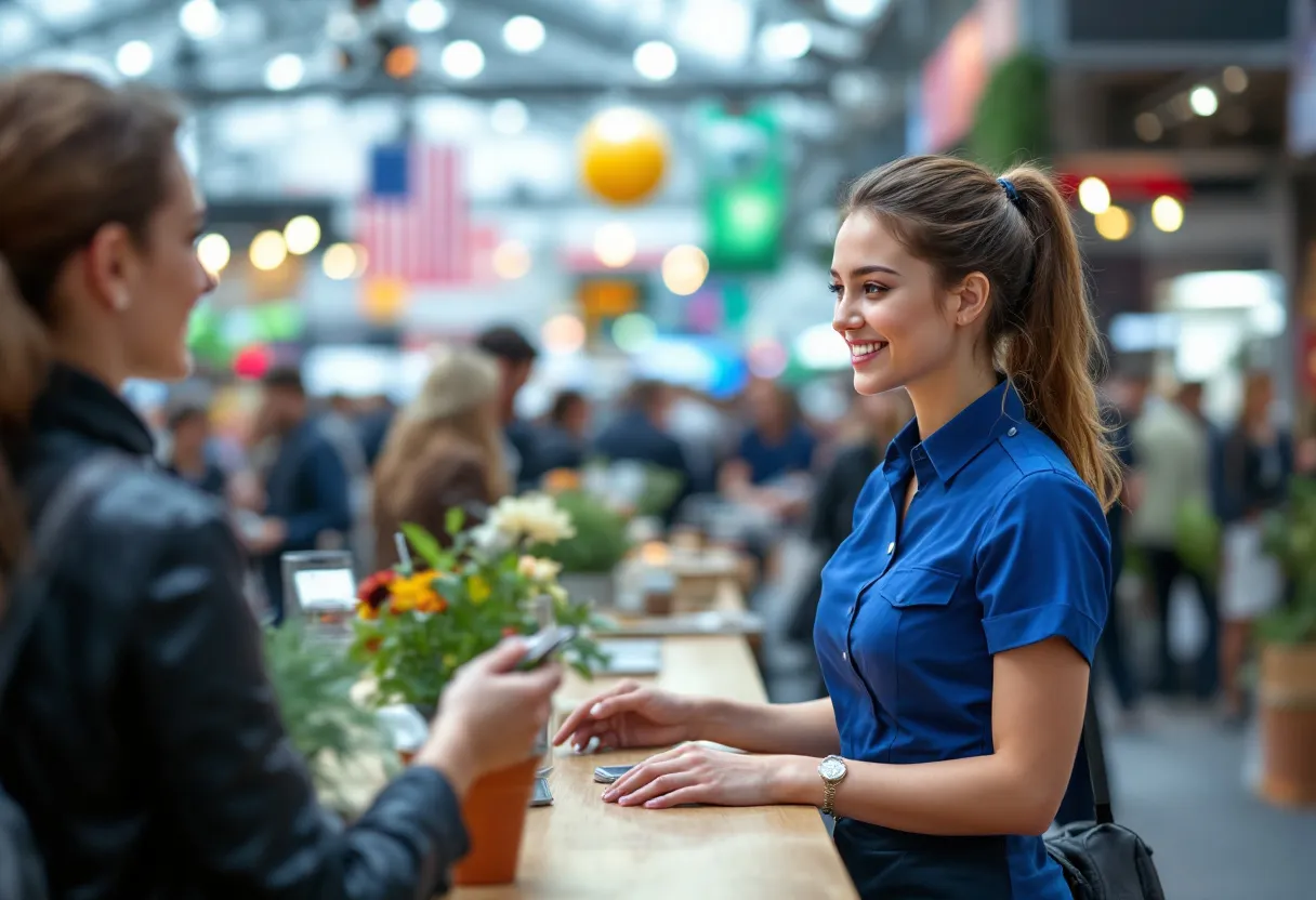 Een jonge hostess in een stijlvol blauw uniformjasje verwelkomt bezoekers met een warme glimlach op een drukke beursvloer in Vlaanderen, omringd door moderne stands en geroezemoes.