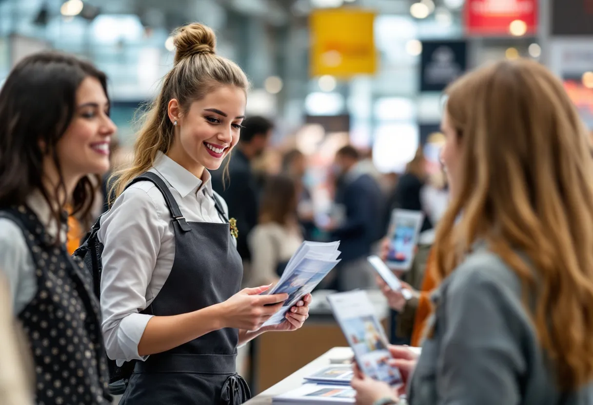 Een enthousiaste jonge hostess in een stijlvolle outfit overhandigt brochures aan bezoekers op een drukke beursvloer in Vlaanderen, met moderne stands op de achtergrond.