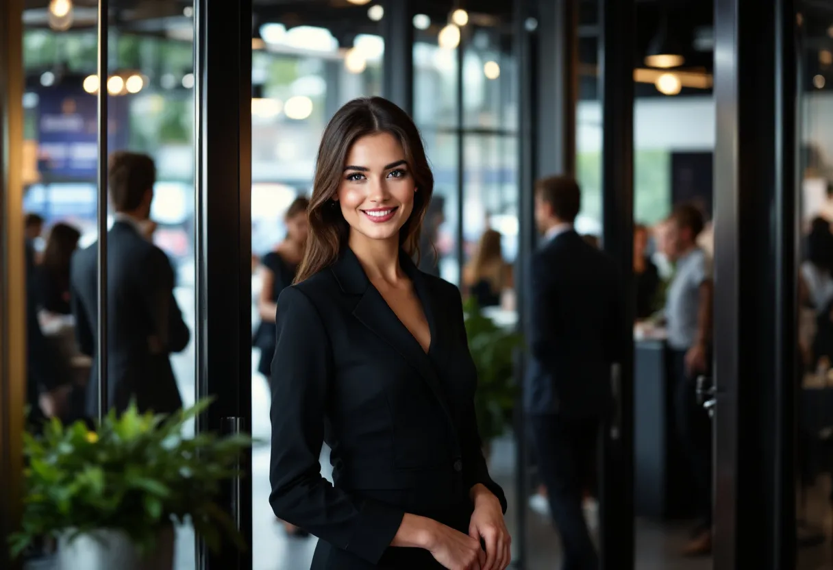 Een jonge, vriendelijke hostess in een stijlvol zwart uniform verwelkomt gasten met een glimlach bij de ingang van een chique evenementenhal, met op de achtergrond mensen die netwerken en een moderne stand.