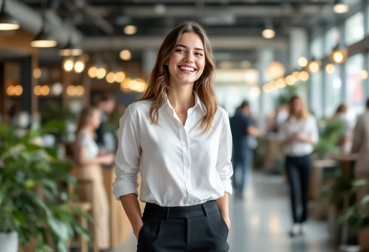 Een lachende jonge vrouw in een witte blouse en zwarte pantalon, staand in een lichte ontvangsthal met beursstands, representatief voor een hostessjob in Vlaanderen.