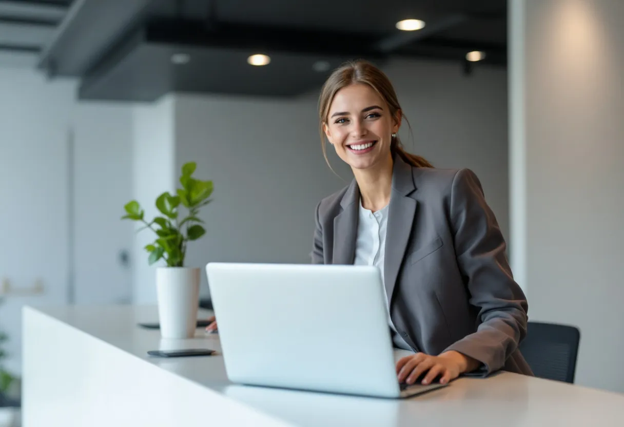 Een jonge vrouw in professionele outfit staat aan een receptiebalie in een helder modern kantoor in Antwerpen, ze lacht en begroet bezoekers, met een laptop en naambadge zichtbaar.