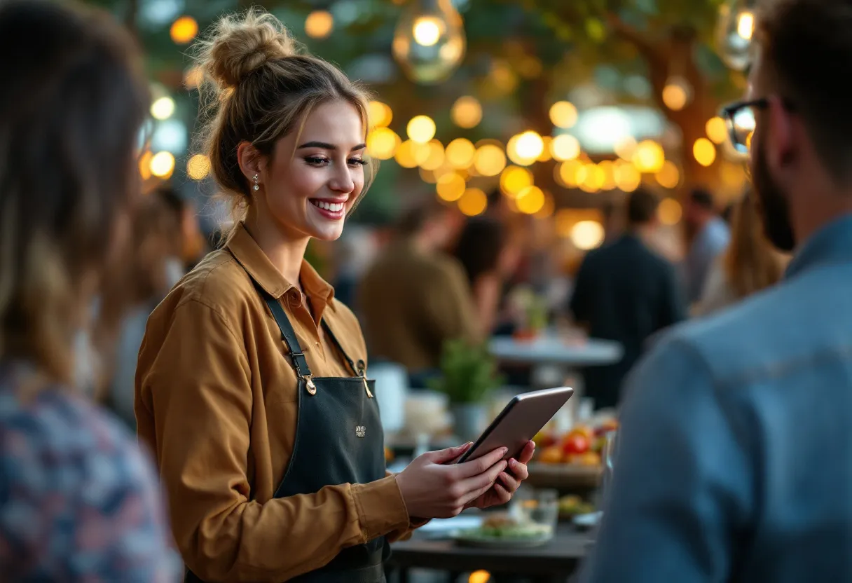 Een enthousiaste studente in een trendy outfit werkt als hostess op een evenement, ze begroet gasten met een tablet in de hand, op de achtergrond een gezellig feest.