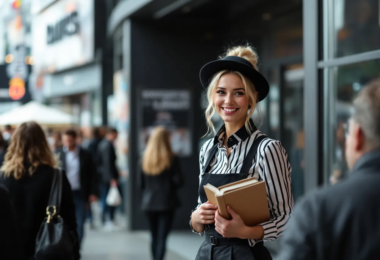 Een jonge hostess in een stijlvolle zwart-witte outfit verwelkomt met een glimlach bezoekers bij de ingang van een beurs in Vlaanderen, terwijl ze een programmaboekje overhandigt.