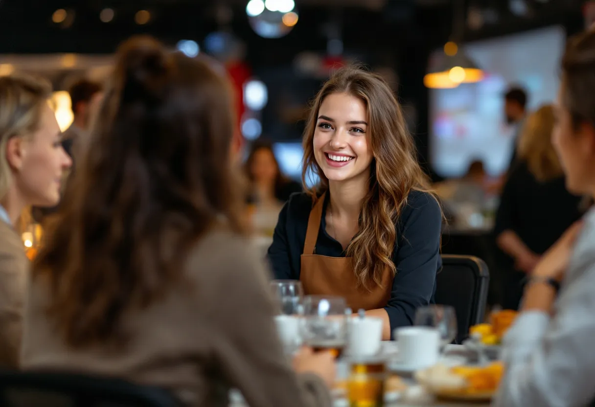 Een enthousiaste studente in een stijlvolle hostess-outfit verwelkomt gasten op een bruisend event in Gent, met een plattegrond van Vlaanderen op de achtergrond.