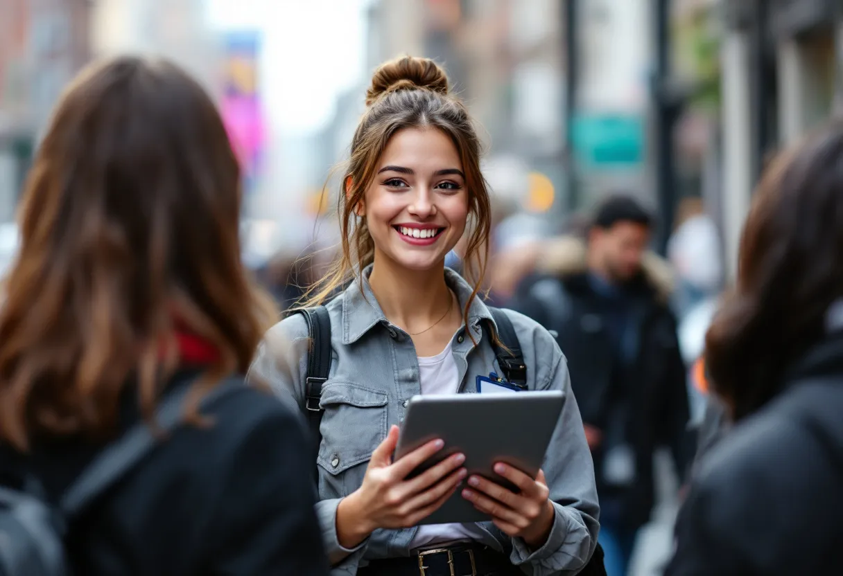 Een enthousiaste studente hostess met een tablet en badge verwelkomt bezoekers op een drukke beursvloer in Antwerpen.