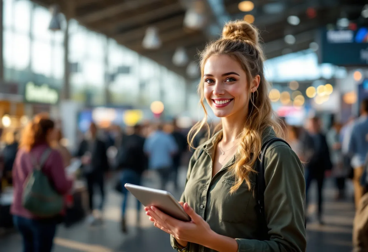 Een fotorealistische foto van een jonge hostess die met een tablet in de hand en een glimlach bezoekers verwelkomt bij een event in Antwerpen, met op de achtergrond een drukke beurshal vol stands.