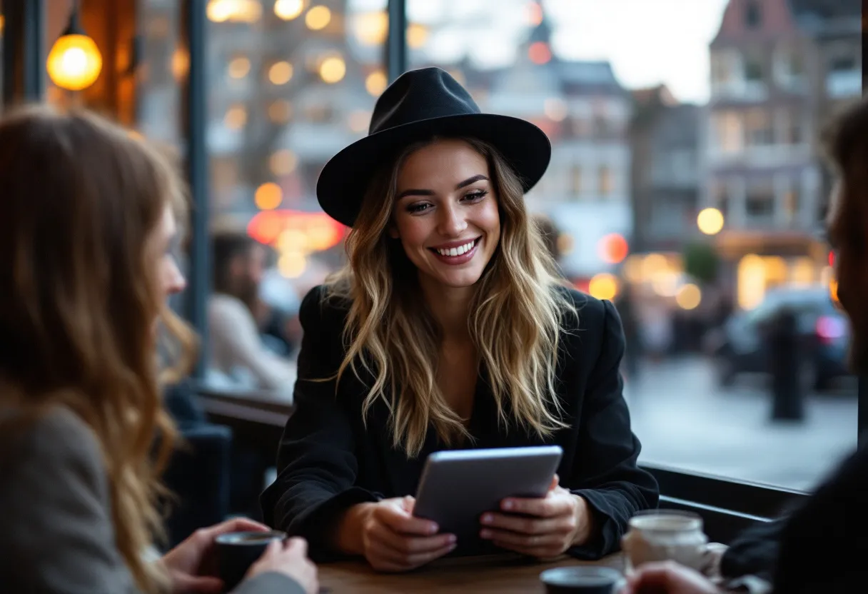 Een jonge vrouw in een stijlvolle zwarte outfit begroet gasten met een tablet en een warme glimlach in een bruisende Antwerpse evenementenlocatie met uitzicht op de stad.