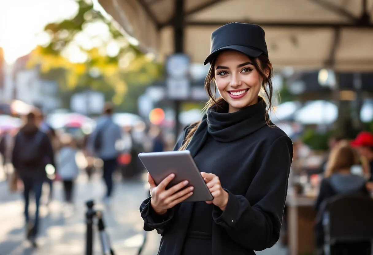 Een glimlachende studente in een zwarte hostess-outfit staat bij een eventbalie met een tablet in de hand, terwijl op de achtergrond een beursvloer in Antwerpen te zien is.