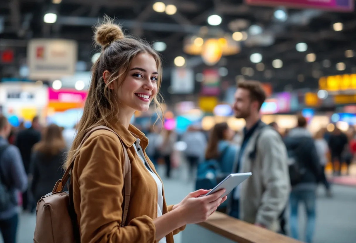 Een jonge studente hostess staat glimlachend op een beurs met een tablet in haar hand, terwijl ze bezoekers welkom heet. Op de achtergrond een evenementenhal met stands en mensen in gesprek.